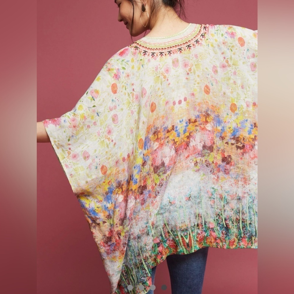 Anthropology Bl-nk Beaded 100% Linen Poncho O/S like new condition - Picture 2 of 9